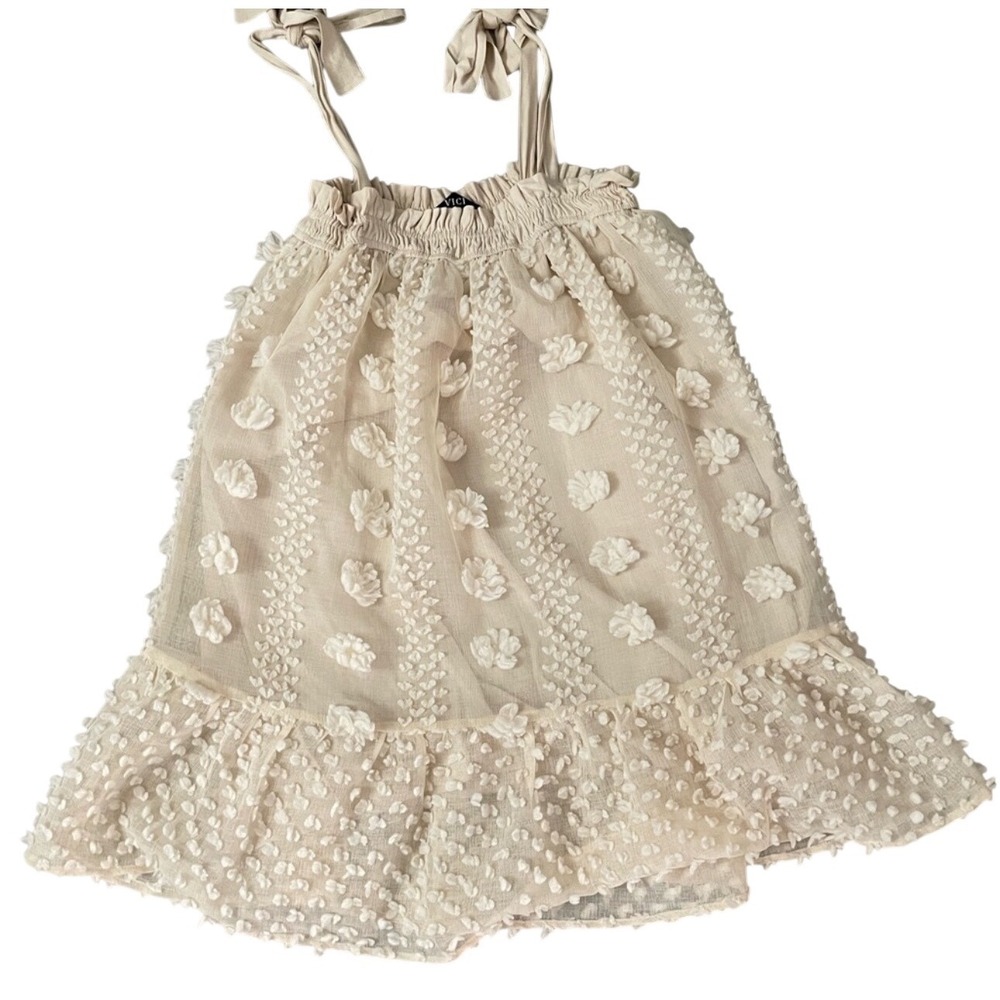 VICI Cream Lace Floral Tulle Mini Dress Babydoll Tie Straps Smocked Sz SMALL - Picture 4 of 7